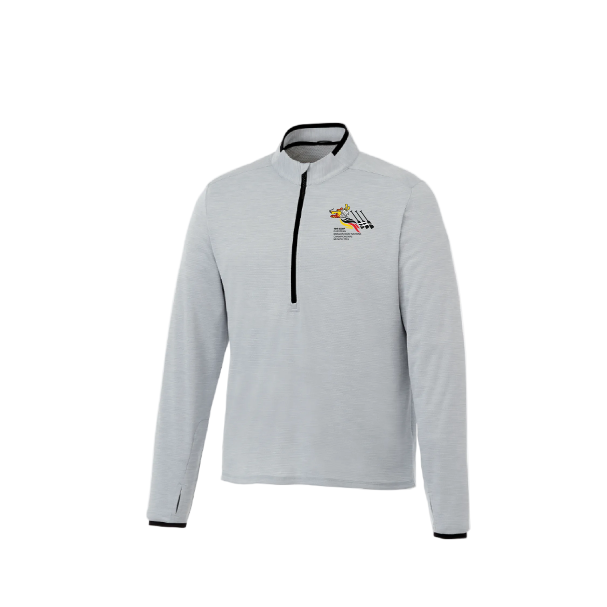 Light gray pullover with a logo on a white background